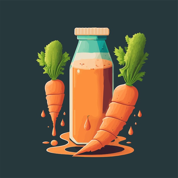 Jugo de zanahoria naranja fresco en botella ilustración de vector de rodajas de zanahoria de vidrio para logotipo o póster