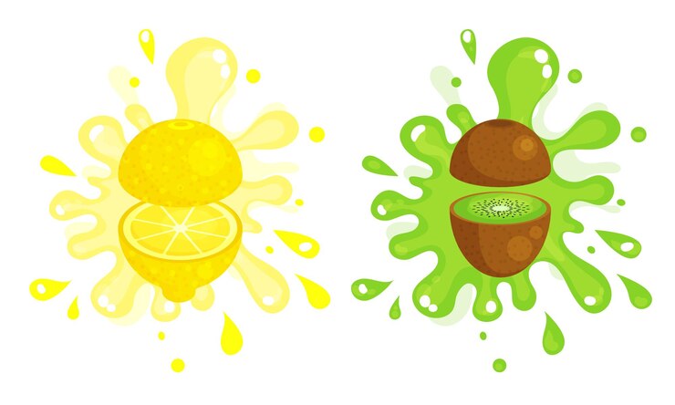 Vector jugosas frutas cortadas con salpicaduras de pulpa y manchas vector set