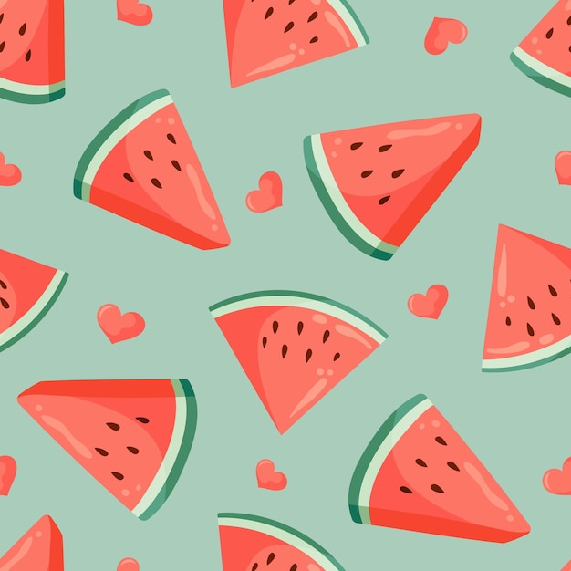 Jugosas rebanadas de sandía y corazones pequeños patrón sin costuras Ilustración vectorial plana de frutas de verano Fondo de frutas tropicales para tela para bebés niños embalaje textil envoltura papel tapiz de libro de recortes