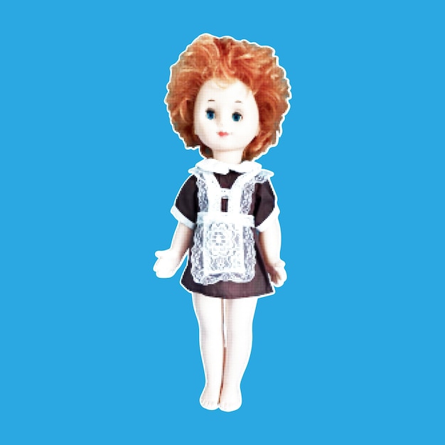 Un juguete antiguo de los años 90. muñeca con efecto de semitonos para collages retro.