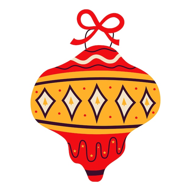 Vector juguete de árbol de navidad feliz año nuevo decoración en colores retro estilo plano con decoración colorida etiqueta de navidad símbolo de vacaciones icono ilustración vectorial