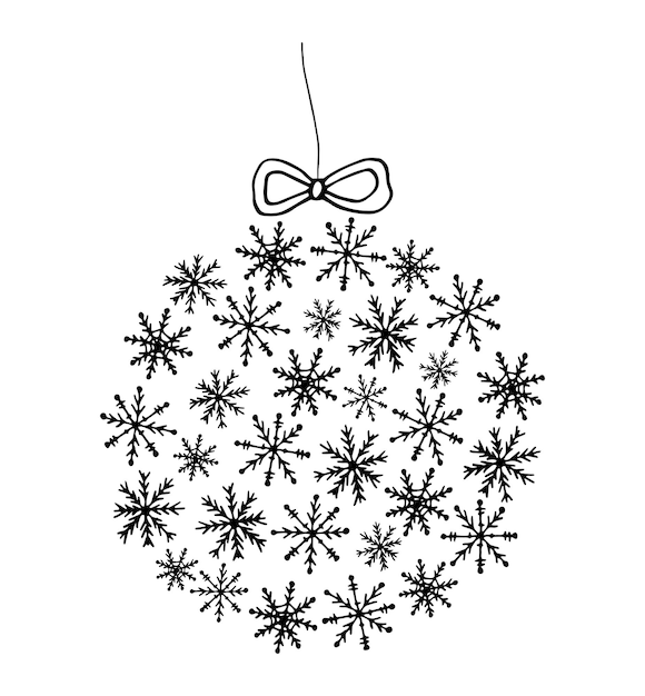 Juguete de árbol de Navidad hecho de copos de nieve con un arco Ilustración vectorial en estilo doodle Arte dibujado a mano