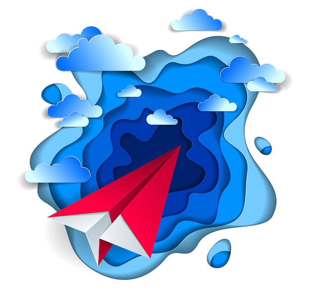 Vector juguete de avión de papel de origami volando en el cielo con hermosas nubes, ilustración vectorial perfecta del paisaje nublado escénico con despegue de jet de juguete, tema de viaje aéreo de las aerolíneas.