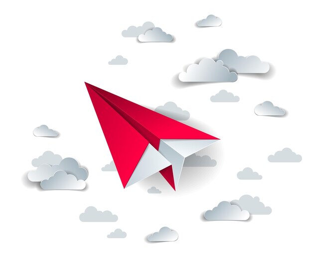 Juguete de avión de papel de origami volando en el cielo con hermosas nubes, ilustración vectorial perfecta del paisaje nublado escénico con despegue de jet de juguete, tema de viaje aéreo de las aerolíneas.