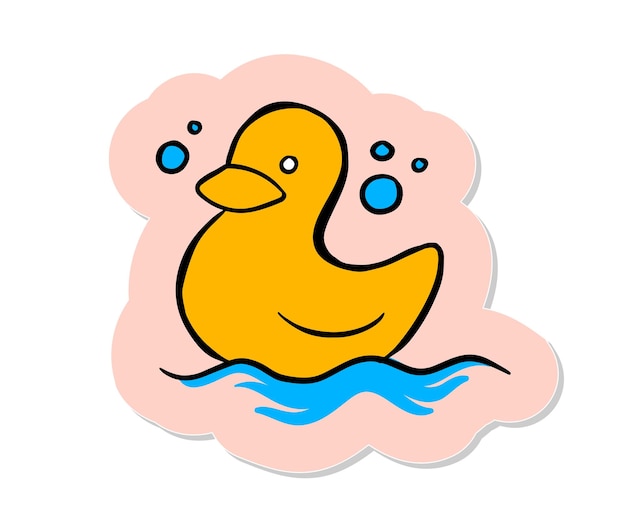 Juguete de baño de pato de goma dibujado a mano en la ilustración de vector de estilo de etiqueta