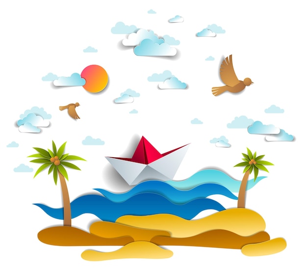 Juguete de barco de papel de origami nadando en las olas del océano con playa y palmeras, hermosa ilustración vectorial del paisaje marino escénico con barco de juguete flotando en el mar y pájaros en el cielo. viajes acuáticos, vacaciones de verano.