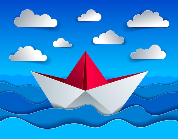 Vector juguete de barco de papel de origami nadando en ondas curvas del mar y nubes en el cielo, hermosa ilustración vectorial en estilo de corte de papel.