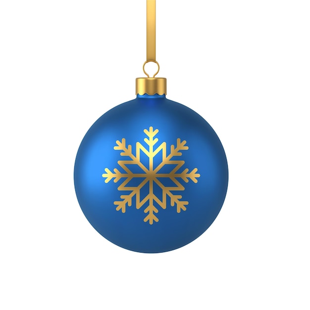 Juguete de bola de navidad brillante azul premium con adorno de copo de nieve colgando vector de icono 3d realista