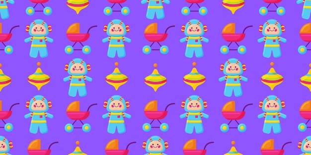 Juguete bonito carro giratorio y patrón sin costuras del robot Ilustración vectorial