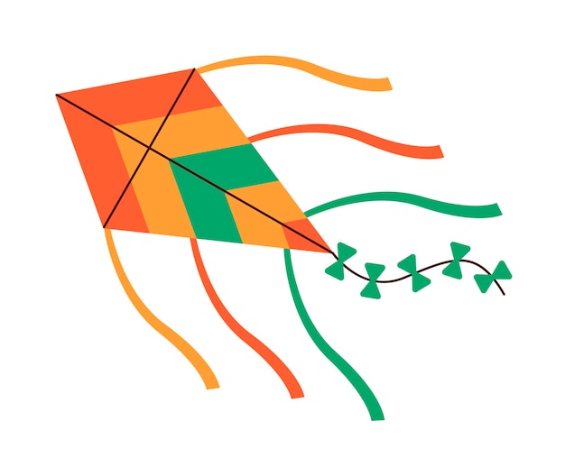 Juguete de cometa de papel de aire volando objeto atado con alas de diseño en forma de diamante Entretenimiento de verano para niños Ilustración vectorial plana