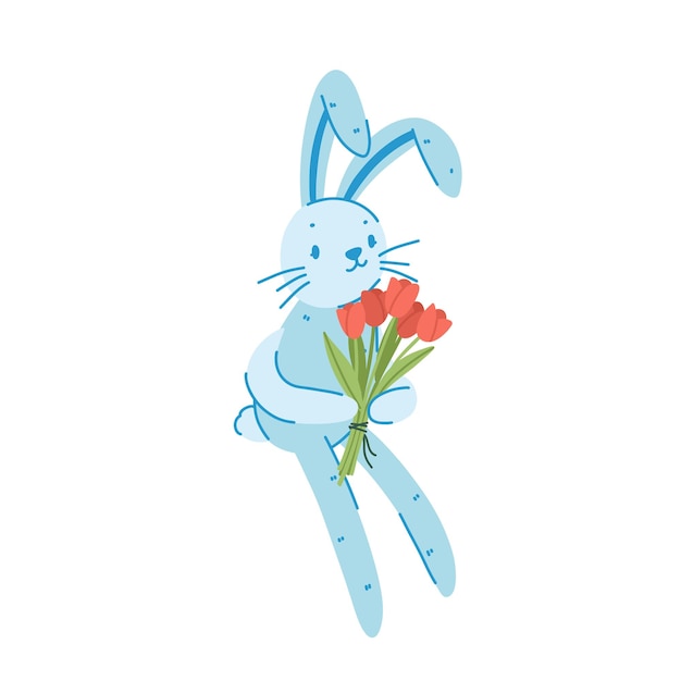 Juguete de conejo suave azul con un ramo de tulipanes rojos en patas aislado en blanco