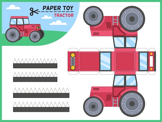 Juguete de corte de papel de tractor. juego educativo hecho a mano para niños, modelo de papel 3d imprimible, hoja de trabajo con elementos de tractores agrícolas para cortar, manualidades preescolares, rompecabezas, juguetes, dibujos animados, vector, plano, aislado, ilustración