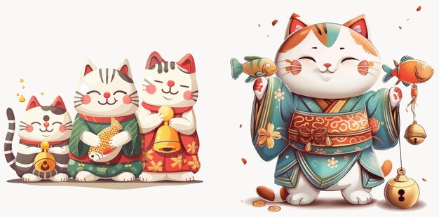 Vector juguete de dibujos animados maneki neko con ropa tradicional