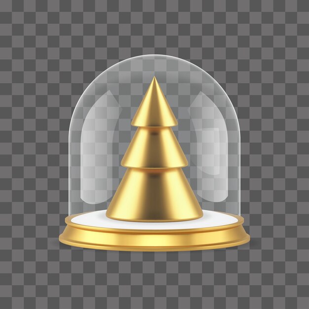 Juguete de Navidad de abeto dorado con exhibición de cúpula de vidrio diseño decorativo icono 3D vector realista
