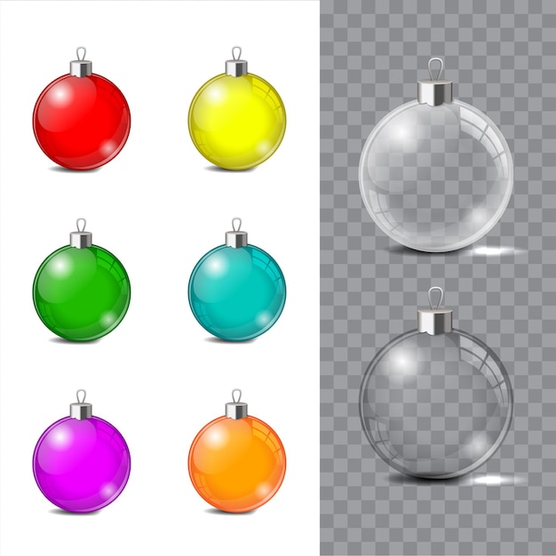 Juguete de Navidad de cristal sobre un fondo transparente. Almacenamiento de adornos navideños o Año Nuevo. Objeto vectorial transparente para diseño, maqueta.