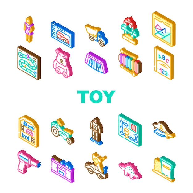 Juguete niño bebé juego iconos conjunto vector niño juego coche oso bloque regalo lindo peluche madera niños robot felpa bola educación objeto juguete niño bebé juego isométrico ilustraciones de signos