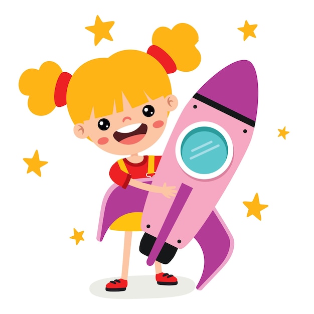 Juguete de niño de dibujos animados que sostiene una nave espacial