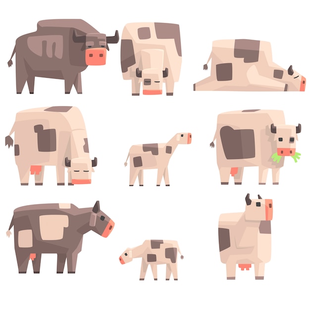 Juguete Vacas de granja geométricas simples de pie y acostado mientras navega