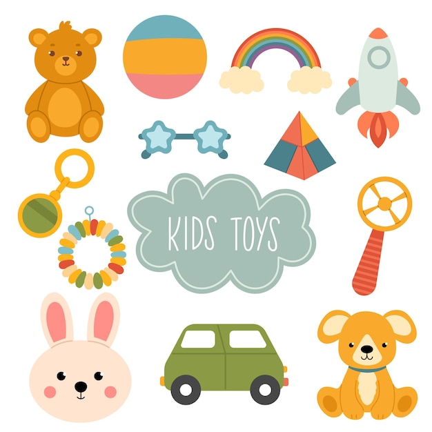 Vector juguetes y accesorios para niños conjunto de dibujos animados incluye gafas de oso de pelota pulsera cachorro ilustración vectorial