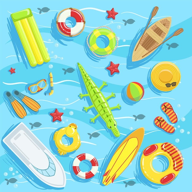 Juguetes de agua y otros objetos de la ilustración de arriba