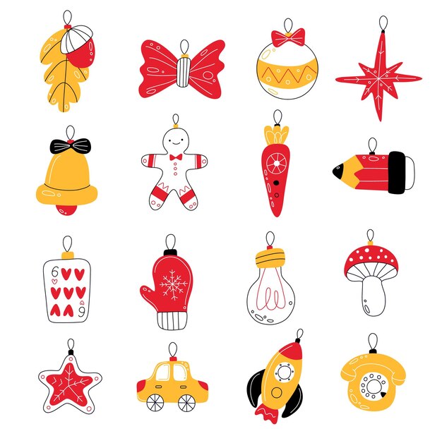 Juguetes de árbol de Navidad Diferentes elementos aislados decorativos de año nuevo, baratijas de Navidad, accesorios festivos, objetos lindos de vacaciones, arco de bola de estilo doodle y conjunto vectorial elegante de campana.