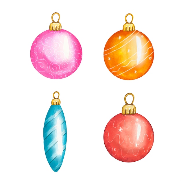 Juguetes de árbol de Navidad Ilustración de acuarela dibujada a mano para el diseño de decoración de postales de invitación