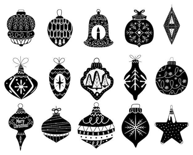 Juguetes y bolas de árbol de Navidad Decoraciones de año nuevo de diferentes formas en estilo silueta negra Archivos de corte de Navidad Iconos de símbolos Colección de ilustraciones vectoriales