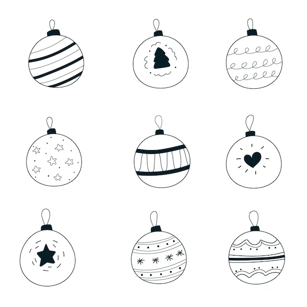 Vector juguetes de bolas de cristal para árbol de navidad en estilo dibujado a mano