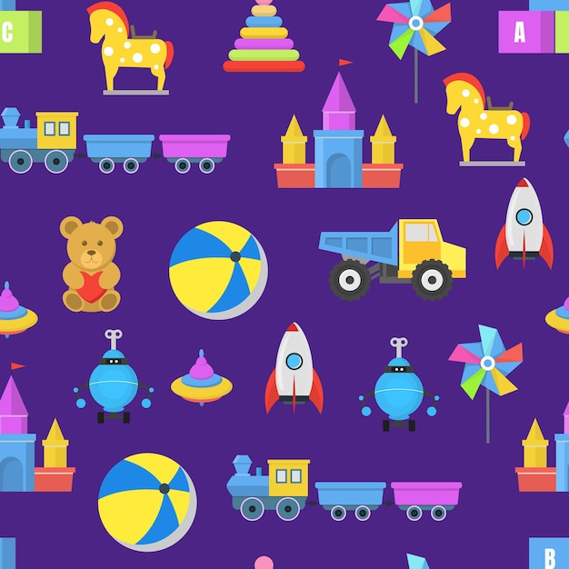 Juguetes de colores de dibujos animados Patrón sin costuras Vector de fondo