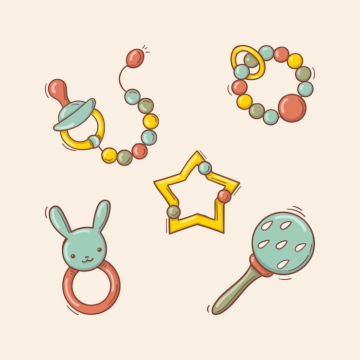 Vector juguetes coloridos para bebés dibujados a mano, sonajeros, chupete.