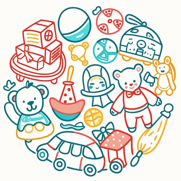 Juguetes coloridos dibujados a mano en un arreglo circular perfectos para los niños.