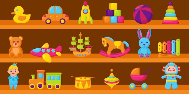 Juguetes de dibujos animados en estanterías de madera Juguetes para niños Estantería de compras Colección de objetos de grupo vectorial