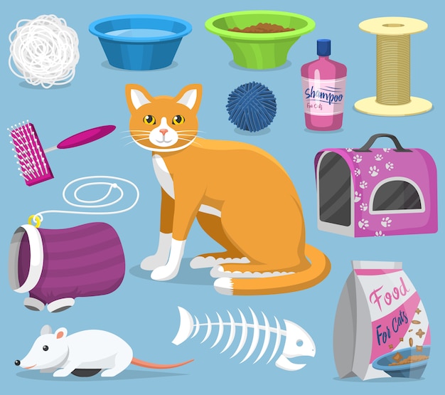 Vector juguetes para gatos, accesorios para mascotas para el cuidado de gatitos o jugar a un tazón de gatito y herramientas de aseo animal kit de cepillo felino kitty