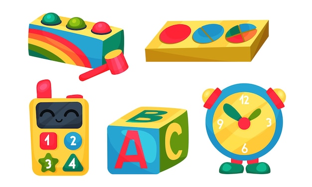 Juguetes infantiles coloridos con reloj y bloques de vector de abc