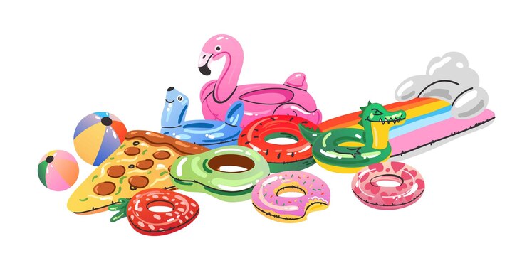 Vector juguetes inflables de dibujos animados anillos de natación coloridos y colchón agua de goma piscina de verano accesorios de natación divertidos pizza de flamenco y bola sandía y rosquilla vector plano aislado