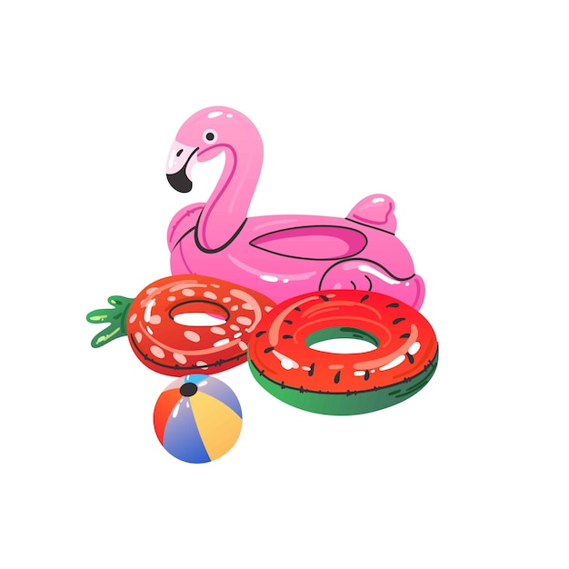 Juguetes inflables de dibujos animados anillos de natación coloridos y colchón agua de goma piscina de verano accesorios de natación divertidos pizza de flamenco y bola sandía y rosquilla vector plano aislado