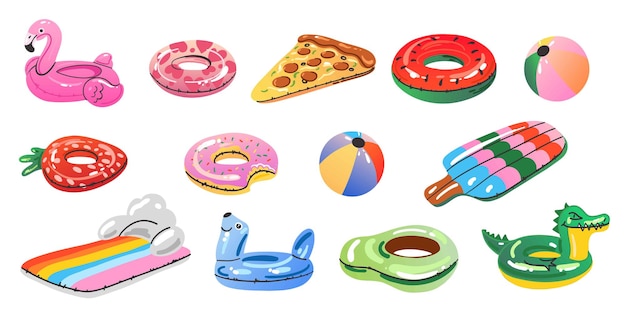 Juguetes inflables de dibujos animados Anillos de natación coloridos y colchón agua de goma piscina de verano accesorios de natación divertidos pizza de flamenco y bola sandía y rosquilla vector plano conjunto de gradiente aislado