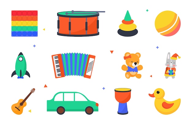 Con juguetes lindos para niños pequeños en fondo blanco concepto de elementos de juguete coloridos como un
