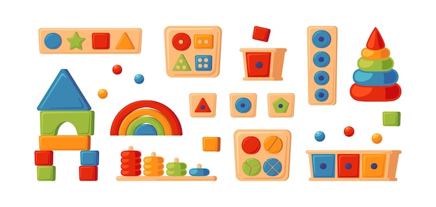 Juguetes lógicos educativos Montessori Juguetes de madera para niños en edad preescolar Sistema Montessori para el desarrollo de la primera infancia Clasificadores multicolores Conjunto de ilustraciones vectoriales sobre fondo blanco