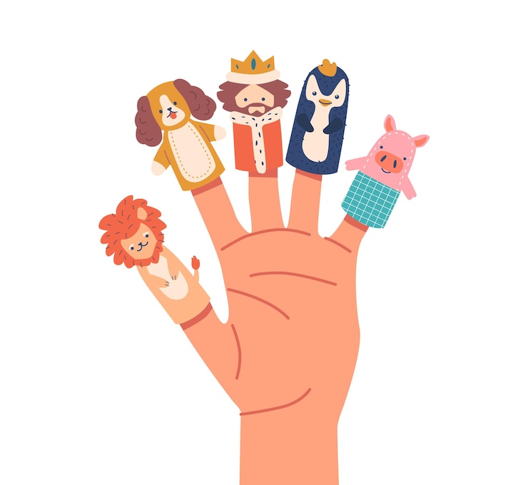 Vector juguetes de mano marionetas de dedo león perro rey pingüino y personajes de cerdo para bebé espectáculo de teatro cuento de hadas diversión