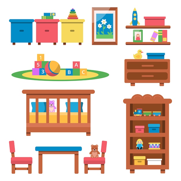 Vector juguetes y muebles para niños en edad preescolar