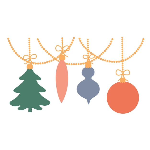 Los juguetes navideños cuelgan de una guirnalda. ilustración de vector aislado sobre fondo blanco.