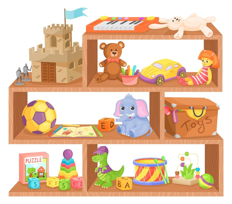 Vector juguetes para niños en estantes de madera