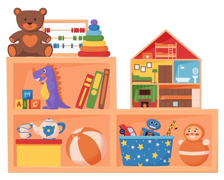 Vector juguetes para niños y libros en estantes de madera.