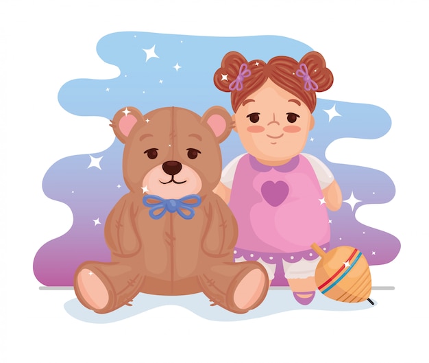 Vector juguetes para niños, linda muñeca con osito de peluche y juguete giratorio