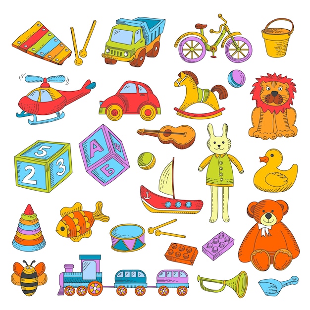 Vector juguetes para niños o juguetes infantiles vector colección de iconos planos