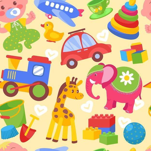 Juguetes para niños patrón sin costuras elementos de juego para bebés muñecas coloridas animales de peluche pelotas y coches tren y avión cubo con pala objetos de juego para niños fondo vectorial espléndido