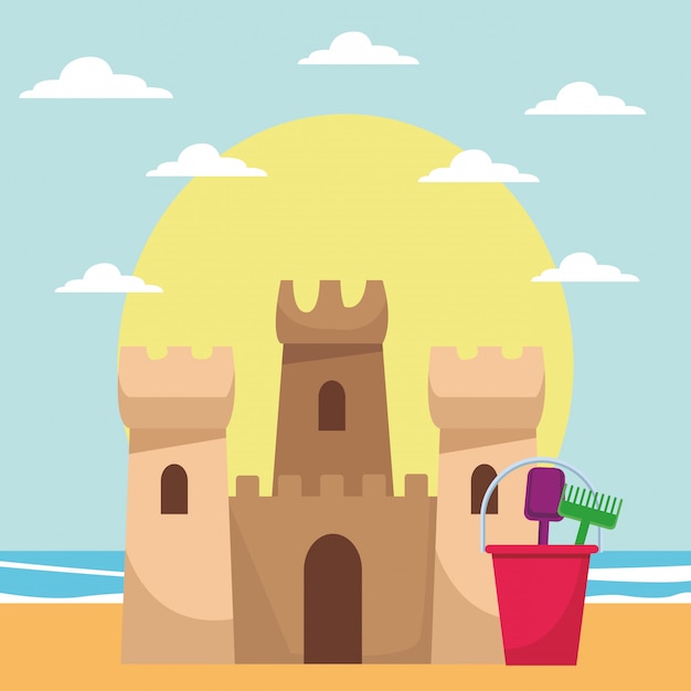 Vector juguetes de playa y castillo de arena.