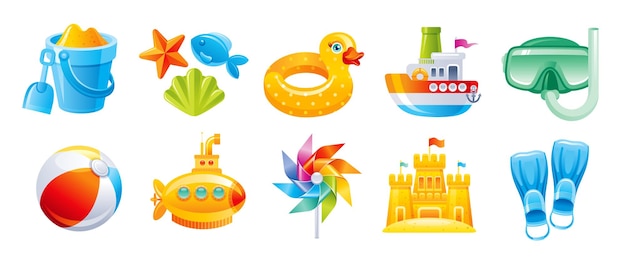 Juguetes de playa en estilo de dibujos animados en 3D Íconos vectoriales de verano Objetos de plástico para vacaciones en el mar