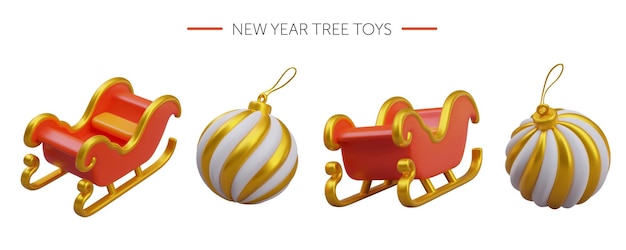 Juguetes realistas de árbol de Navidad trineo de Papá Noel y bola de vidrio a rayas